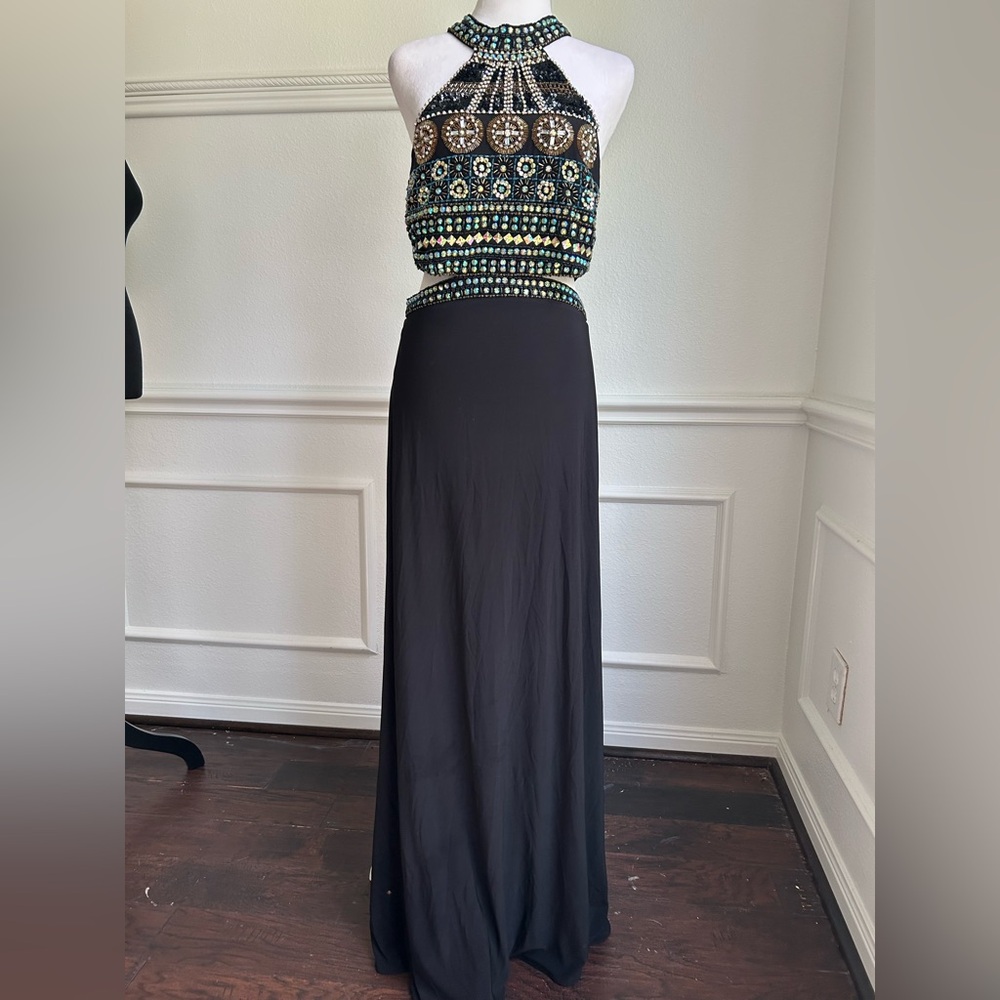 Crystal Doll Black Maxi Halter Top Beaded Dress, Size 9